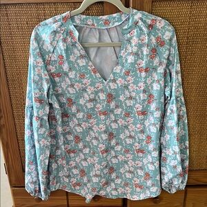 Blue Floral Long Sleeve V-Neck Relaxed Blouse